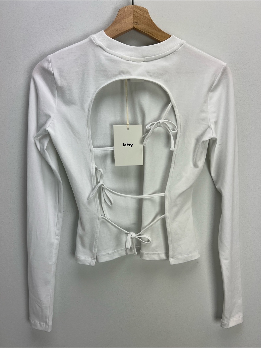 KHY Tie Back Long Sleeve T Shirt Open Back White Stretchy XS Kylie Jenner New